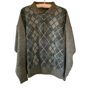 Men's Lorenzo Tan and Blue Argyle Wool Blend Half Zip Sweater, Size Large